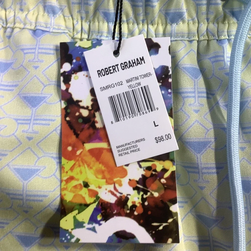 Robert Graham Mens Martini Tower Swim Trunks Yellow Blue Size L NWT